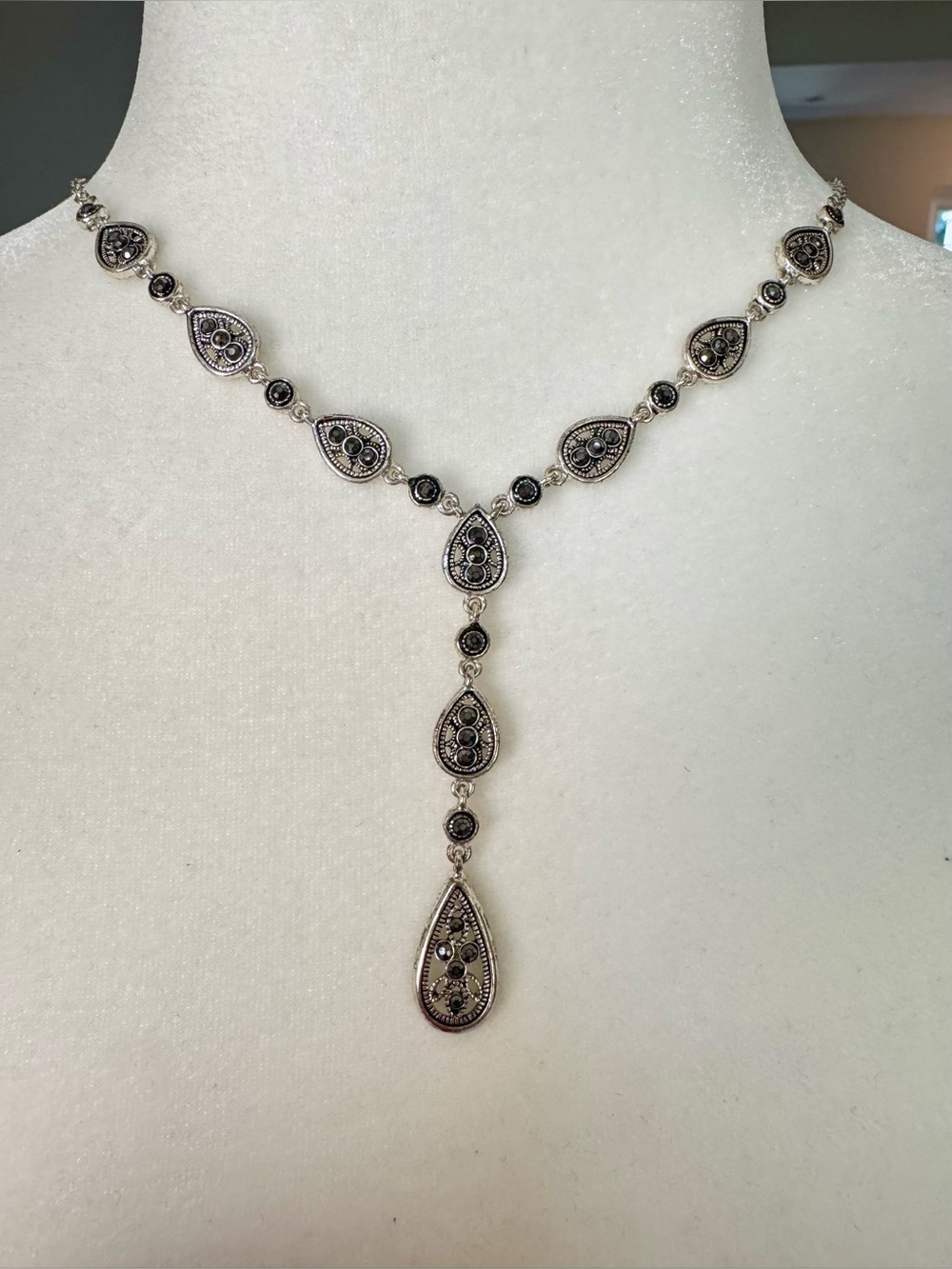 Vintage Crown Trifari Y Necklace, Faux Marcasite Teardrop Drop Pendant